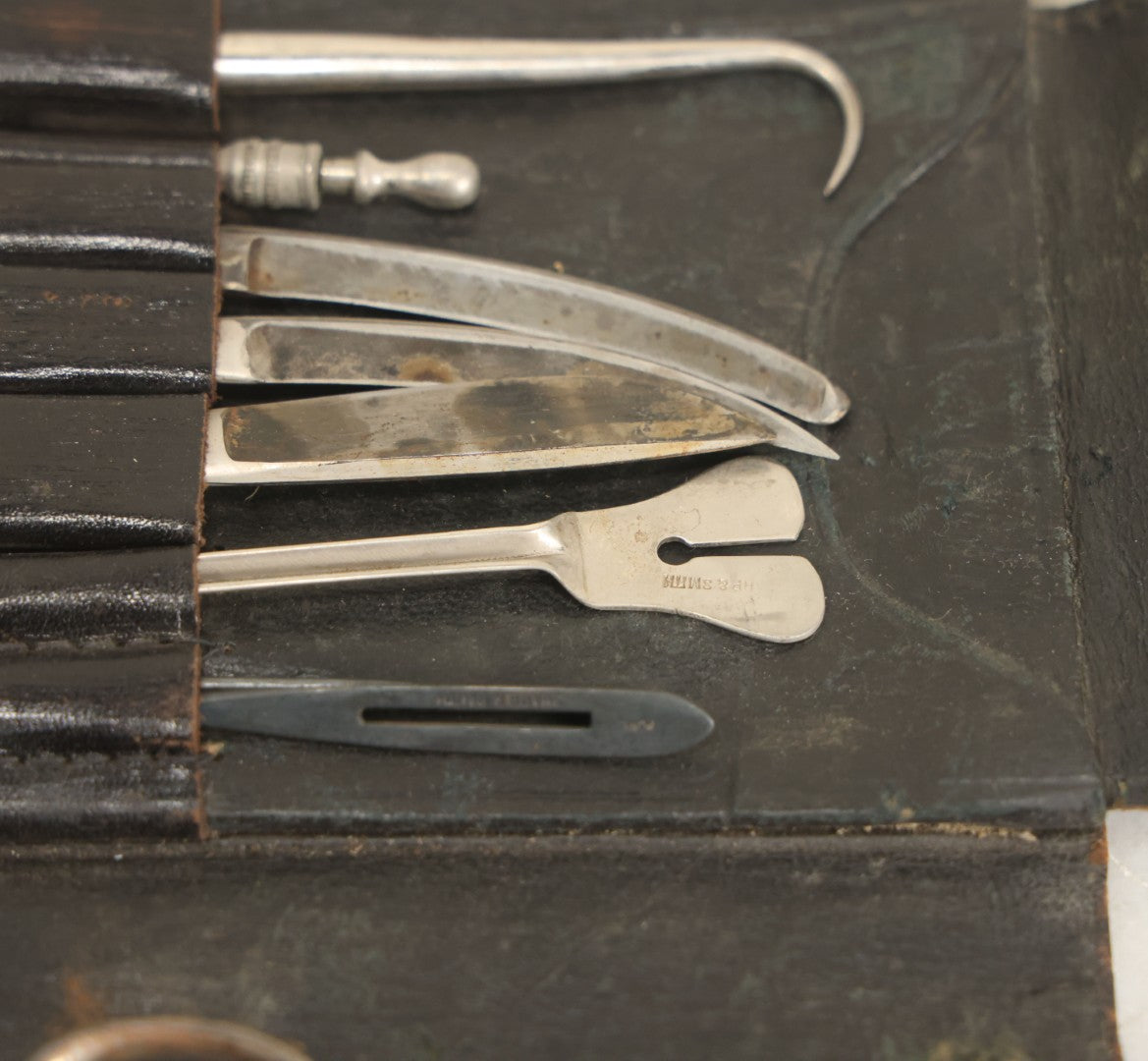 Lot 018 - Antique Sharp & Smith Surgical Instruments Kit In Fold Up Leather Case, 14 Pieces, As Found