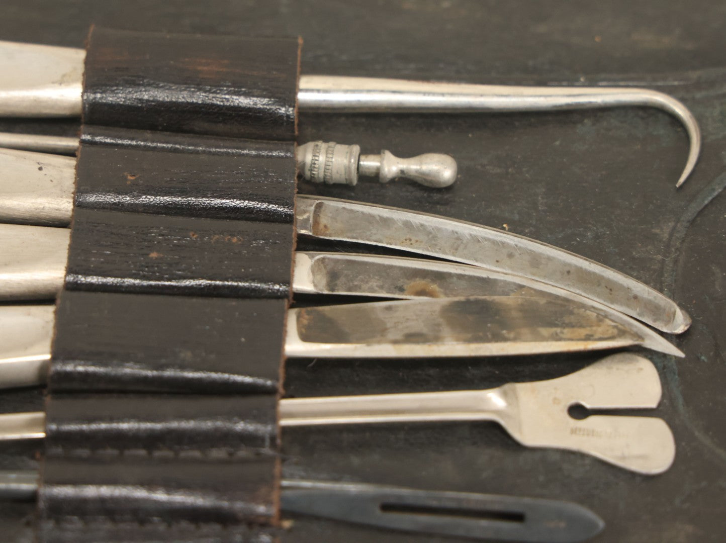 Lot 018 - Antique Sharp & Smith Surgical Instruments Kit In Fold Up Leather Case, 14 Pieces, As Found
