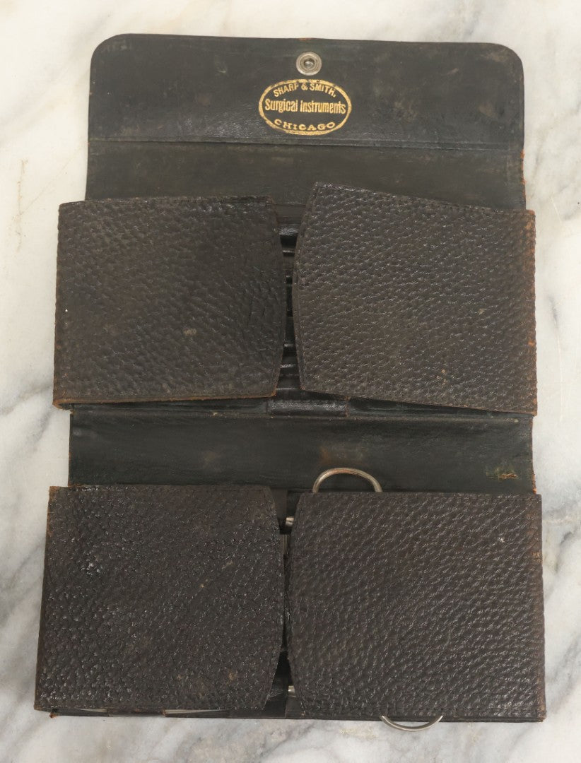 Lot 018 - Antique Sharp & Smith Surgical Instruments Kit In Fold Up Leather Case, 14 Pieces, As Found