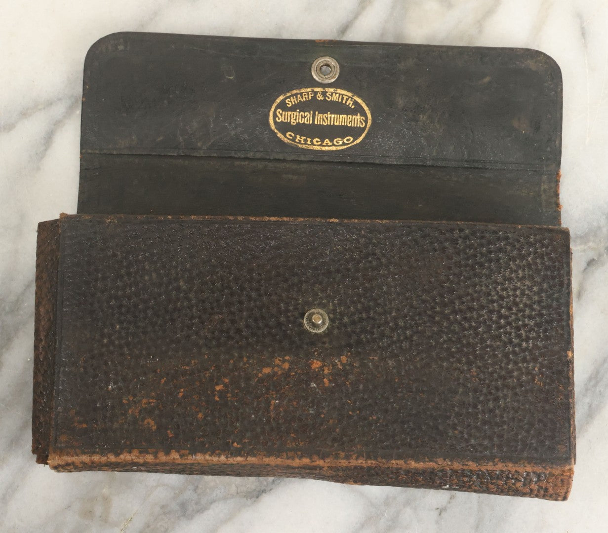 Lot 018 - Antique Sharp & Smith Surgical Instruments Kit In Fold Up Leather Case, 14 Pieces, As Found