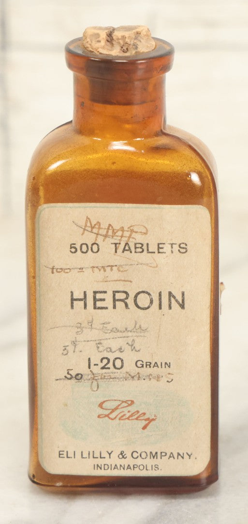 Lot 019 - Antique Lilly Heroin Pharmacy Bottle, 500 Tablets, By Eli Lilly & Co., Indianapolis, Indiana, With Label From Wm. C. Gregory, Pharmacist, Marblehead, Massachusetts, Dated 1919