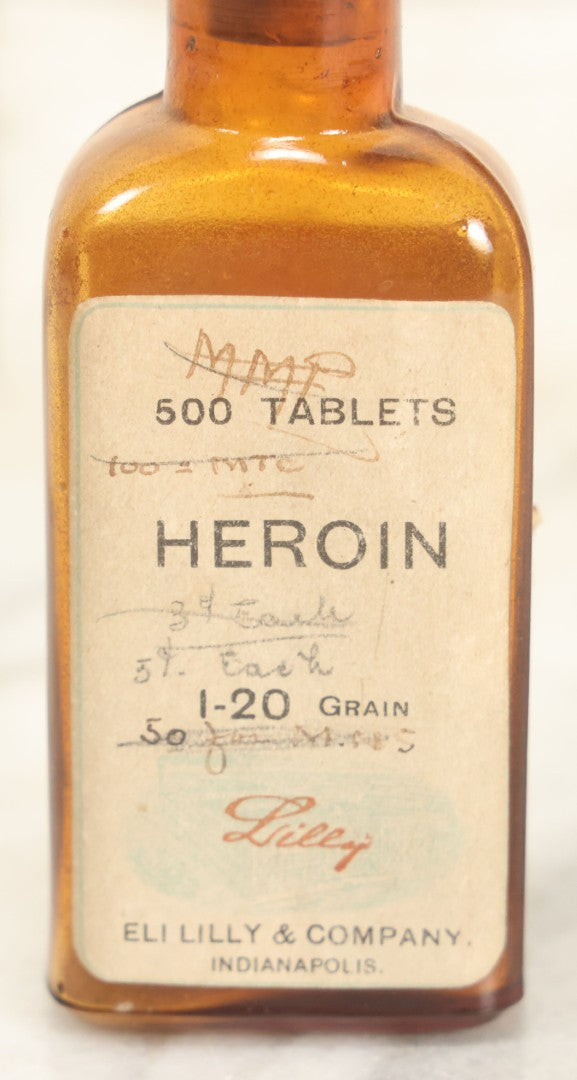 Lot 019 - Antique Lilly Heroin Pharmacy Bottle, 500 Tablets, By Eli Lilly & Co., Indianapolis, Indiana, With Label From Wm. C. Gregory, Pharmacist, Marblehead, Massachusetts, Dated 1919