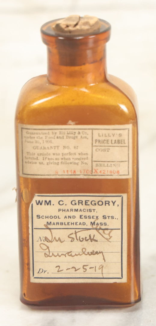 Lot 019 - Antique Lilly Heroin Pharmacy Bottle, 500 Tablets, By Eli Lilly & Co., Indianapolis, Indiana, With Label From Wm. C. Gregory, Pharmacist, Marblehead, Massachusetts, Dated 1919