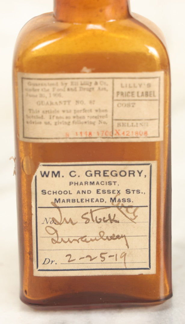 Lot 019 - Antique Lilly Heroin Pharmacy Bottle, 500 Tablets, By Eli Lilly & Co., Indianapolis, Indiana, With Label From Wm. C. Gregory, Pharmacist, Marblehead, Massachusetts, Dated 1919