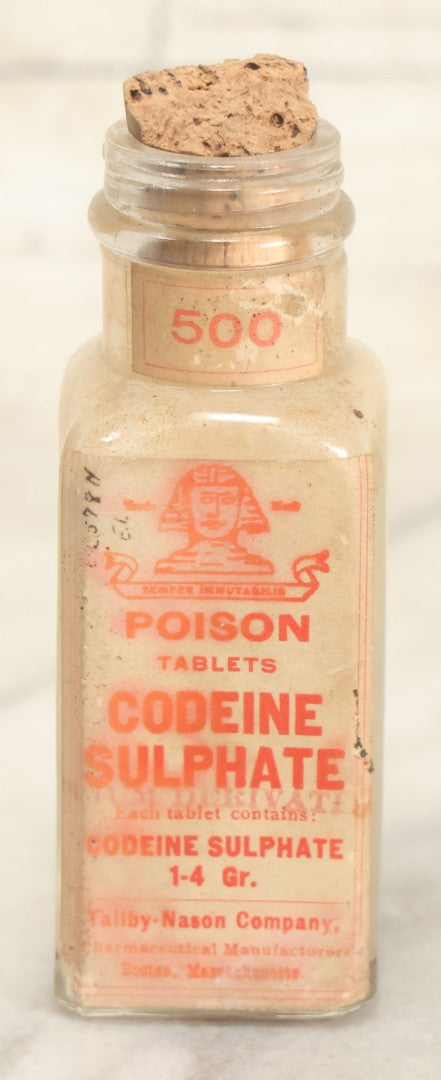 Lot 022 - Antique Codeine Sulphate 500 Tablet Pharmacy Bottle, By Taliby-Nason Company, Pharmaceutical Manufacturers, Boston, Massachusetts
