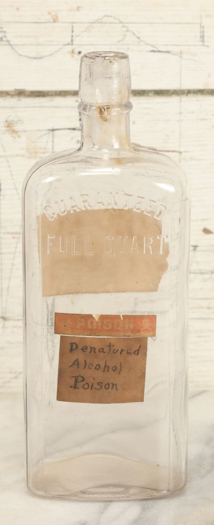 Lot 028 - Antique Glass Pharmacy Bottle From C.H. & J, Price, Pharmacists, Salem, Massachusetts, With Handwritten "Denatured Alcohol Poison" Label And Red Poison Label With Skull And Crossbones, Full Quart Size
