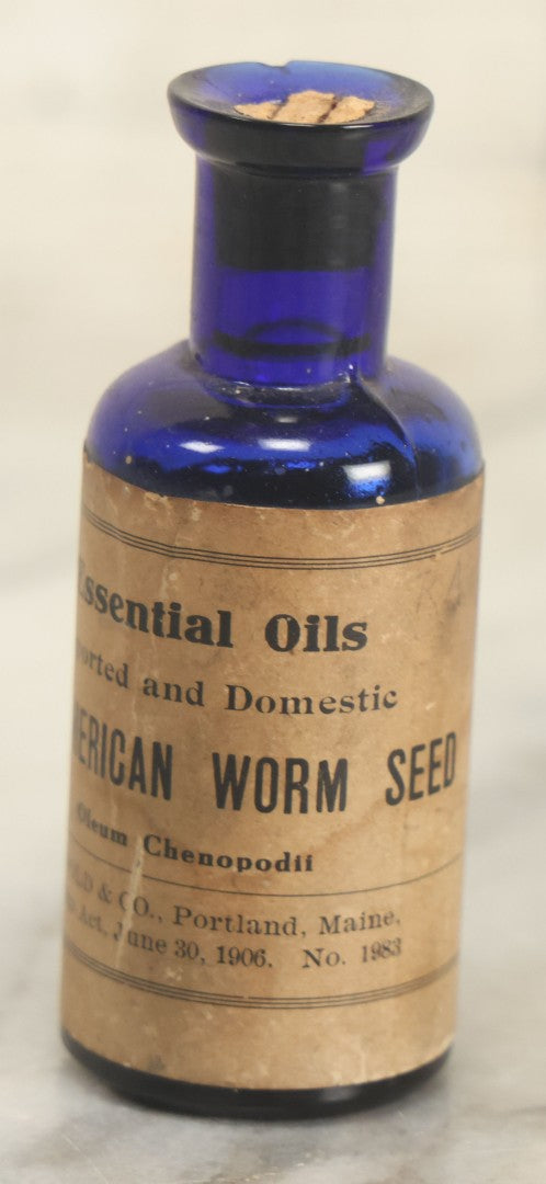 Lot 030 - Antique Essential Oils American Worm Seed (Oleum Chenopodil) Cobalt Blue Glass Pharmacy Bottle, Guaranteed By J.E. Goold & Co., Portland, Maine, Dated 1906