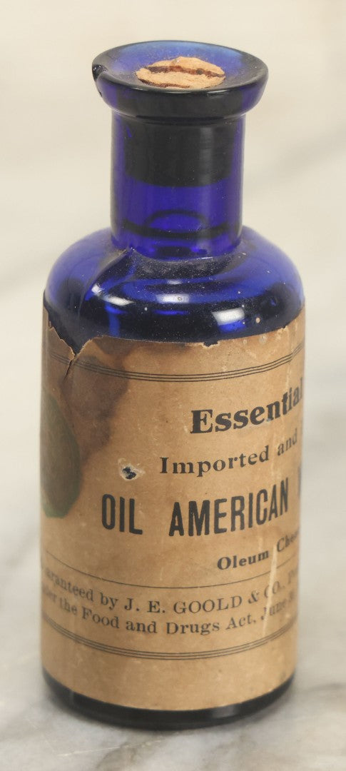 Lot 030 - Antique Essential Oils American Worm Seed (Oleum Chenopodil) Cobalt Blue Glass Pharmacy Bottle, Guaranteed By J.E. Goold & Co., Portland, Maine, Dated 1906