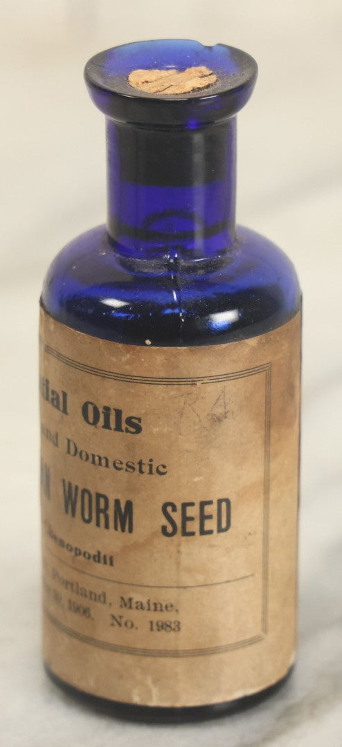 Lot 030 - Antique Essential Oils American Worm Seed (Oleum Chenopodil) Cobalt Blue Glass Pharmacy Bottle, Guaranteed By J.E. Goold & Co., Portland, Maine, Dated 1906