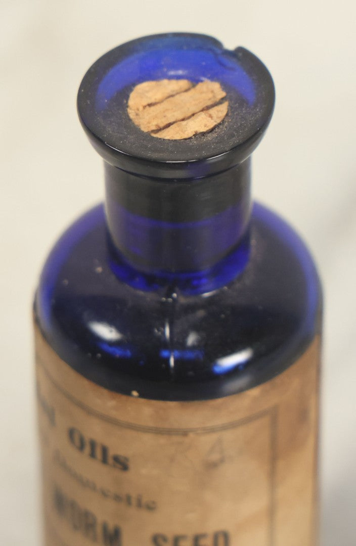 Lot 030 - Antique Essential Oils American Worm Seed (Oleum Chenopodil) Cobalt Blue Glass Pharmacy Bottle, Guaranteed By J.E. Goold & Co., Portland, Maine, Dated 1906