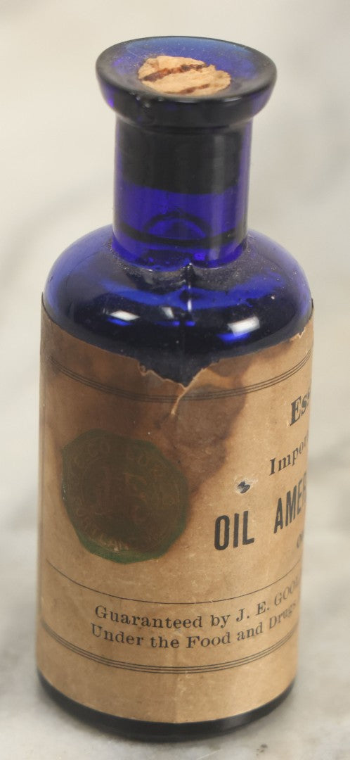 Lot 030 - Antique Essential Oils American Worm Seed (Oleum Chenopodil) Cobalt Blue Glass Pharmacy Bottle, Guaranteed By J.E. Goold & Co., Portland, Maine, Dated 1906