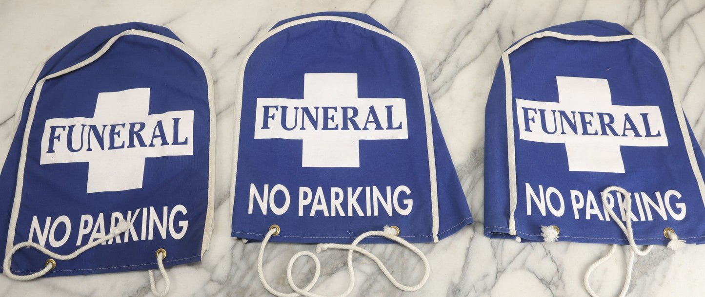 Lot 044 - Grouping Of Three Modern Blue Canvas Funeral Home No Parking Meter Covers