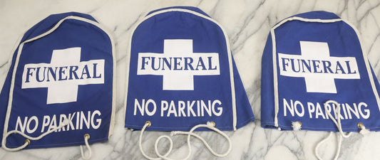 Lot 044 - Grouping Of Three Modern Blue Canvas Funeral Home No Parking Meter Covers