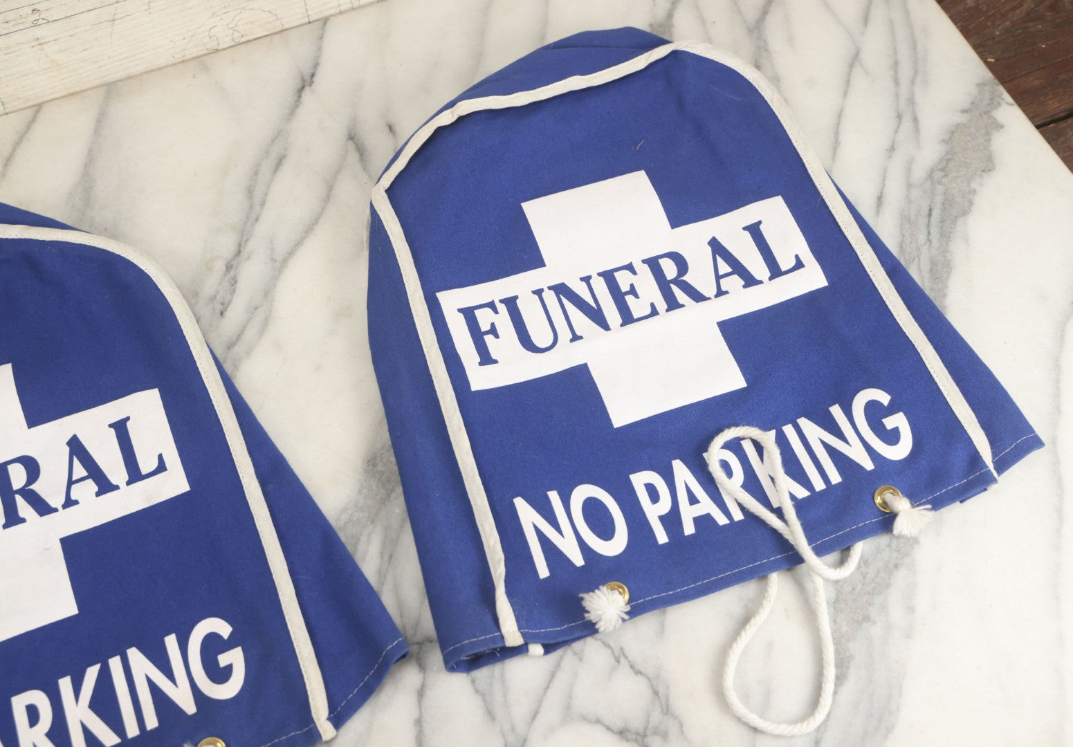 Lot 044 - Grouping Of Three Modern Blue Canvas Funeral Home No Parking Meter Covers
