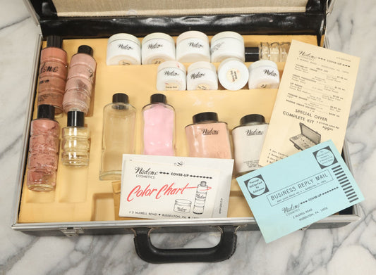 Lot 046 - Vintage Funeral Embalming Mortuary Make-Up Kit By Nadene Cosmetics, Russellton, Pennsylvania, In Original Case, 17 Bottles, With Paperwork