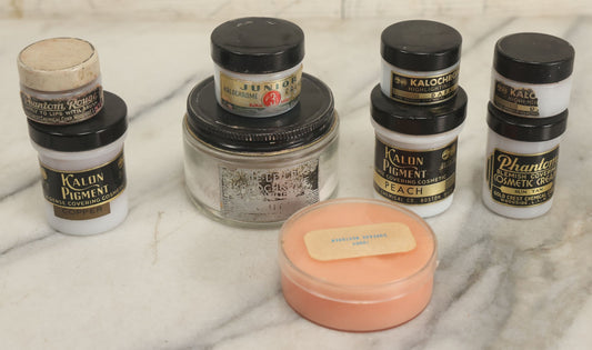 Lot 047 - Grouping Of Nine Vintage Funeral Embalming Mortuary Makeup Jars Including Kalon Pigment, Junior Kalochroma Cream, And More