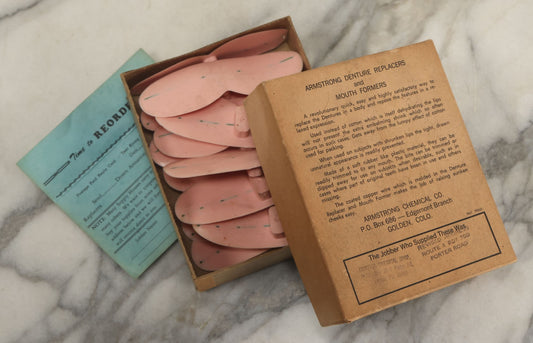Lot 048 - Vintage Box Of Armstrong Denture Replacers And Mouth Formers, For Posing The Mouth Of A Corpse For Funeral, By Armstrong Chemical Co., Golden, Colorado