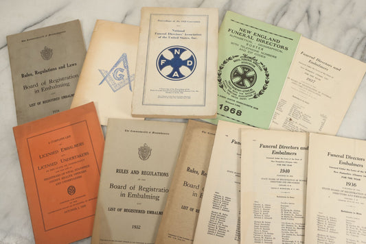 Lot 049 - Grouping Of 12 Pieces Of Vintage Funeral Ephemera Including Board Of Registration In Embalming Registry Lists, Funeral Director Lists, And Masonic Funeral Booklet