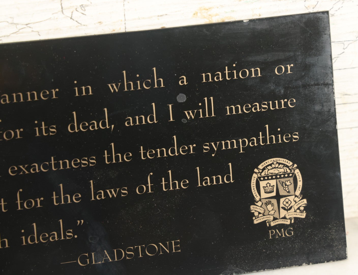 Lot 052 - Vintage Glass Funeral Home Display Sign With Quote From Gladstone, "Show Me The Manner In Which A Nation Or Community Cares For Its Dead," By Progressive Merchandisers Guild, Inc.
