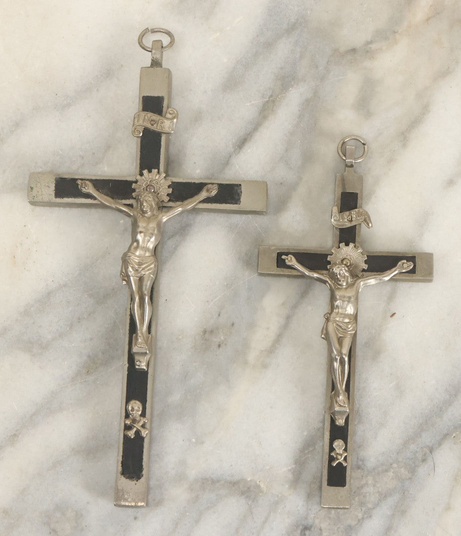 Lot 058 - Pair Of Vintage Pectoral Golgotha Crucifixes With Skull And Crossbones, Skull Of Adam Motif, 4-7/8" And 6-1/4" Heights