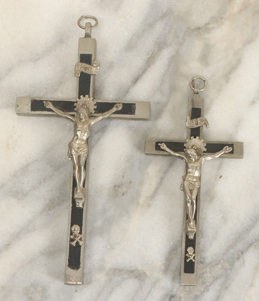 Lot 058 - Pair Of Vintage Pectoral Golgotha Crucifixes With Skull And Crossbones, Skull Of Adam Motif, 4-7/8" And 6-1/4" Heights