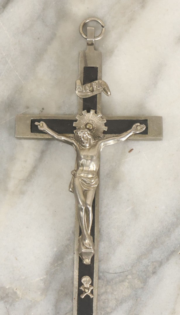 Lot 058 - Pair Of Vintage Pectoral Golgotha Crucifixes With Skull And Crossbones, Skull Of Adam Motif, 4-7/8" And 6-1/4" Heights