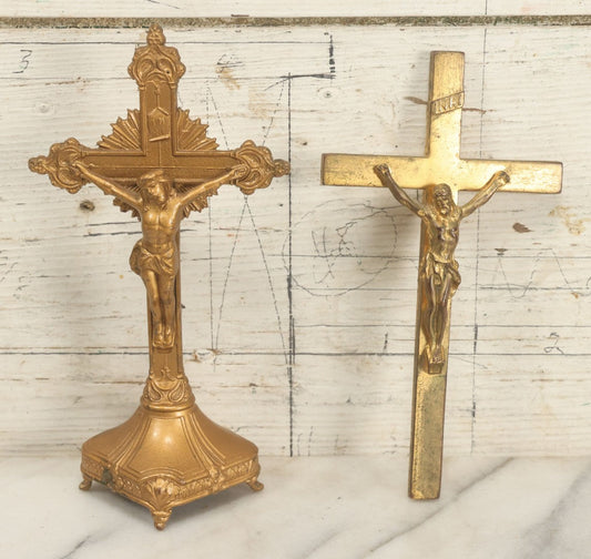 Lot 059 - Pair Of Cast Metal Gold Painted Crucifixes, One Free Standing On Base, One Wall Hanging