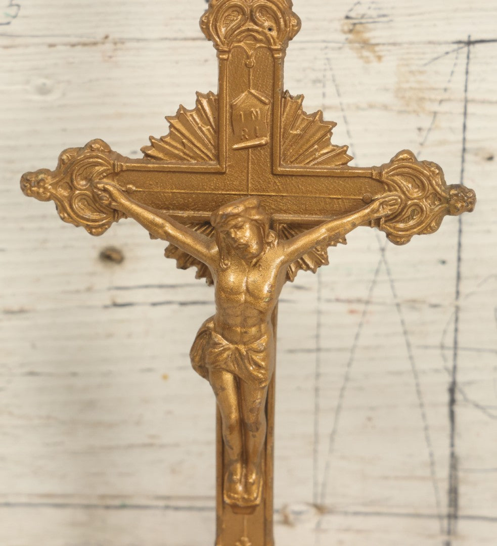 Lot 059 - Pair Of Cast Metal Gold Painted Crucifixes, One Free Standing On Base, One Wall Hanging