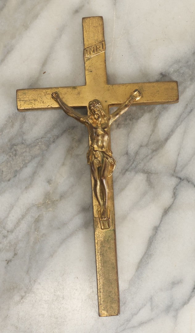 Lot 059 - Pair Of Cast Metal Gold Painted Crucifixes, One Free Standing On Base, One Wall Hanging