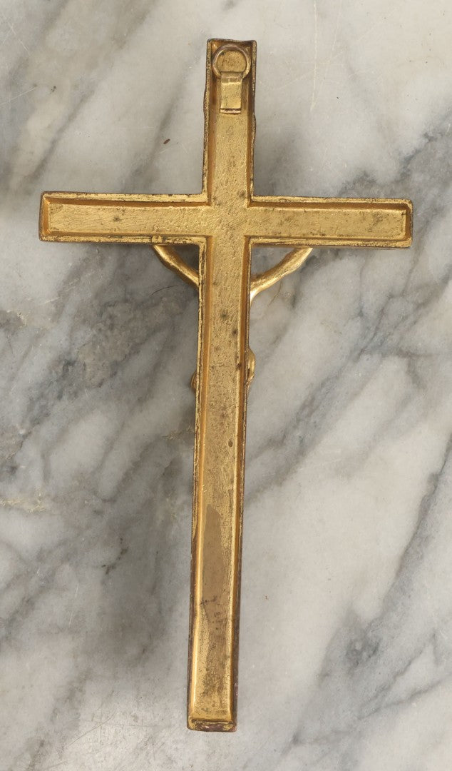 Lot 059 - Pair Of Cast Metal Gold Painted Crucifixes, One Free Standing On Base, One Wall Hanging