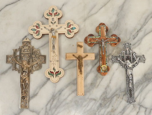 Lot 060 - Grouping Of Five Assorted Crucifixes Including Wood With Turquoise And Coral Compartments, Jerusalem Cross With Stones From The Holy Land, And Others