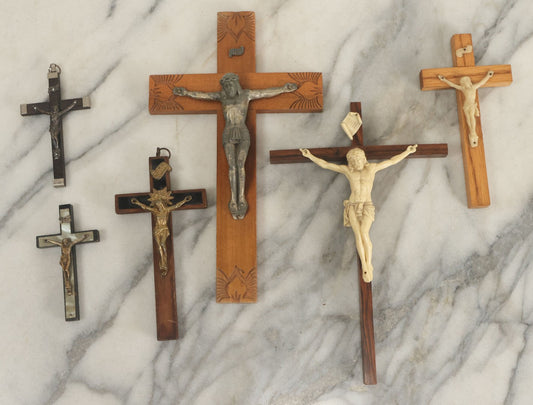 Lot 061 - Grouping Of Six Assorted Wooden Crucifixes, Mostly Plain, Some With Detailing