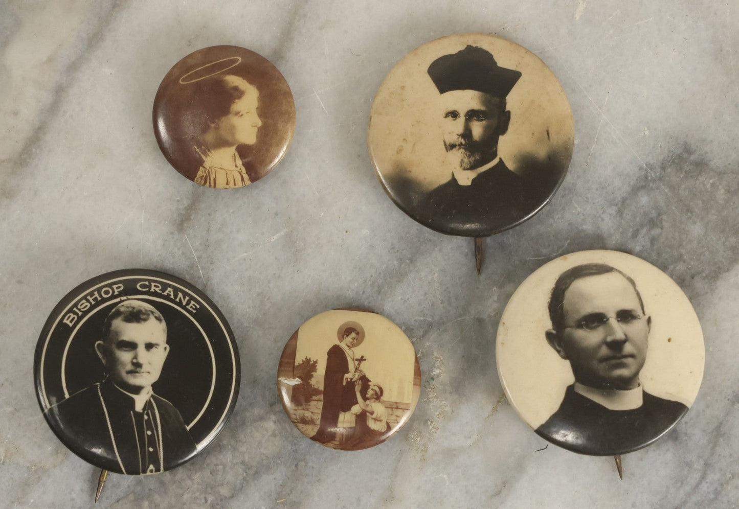 Lot 064 - Grouping Of Five Vintage Pinback Buttons With Priests, Religious Themes, Including Bishop Crane, And Others