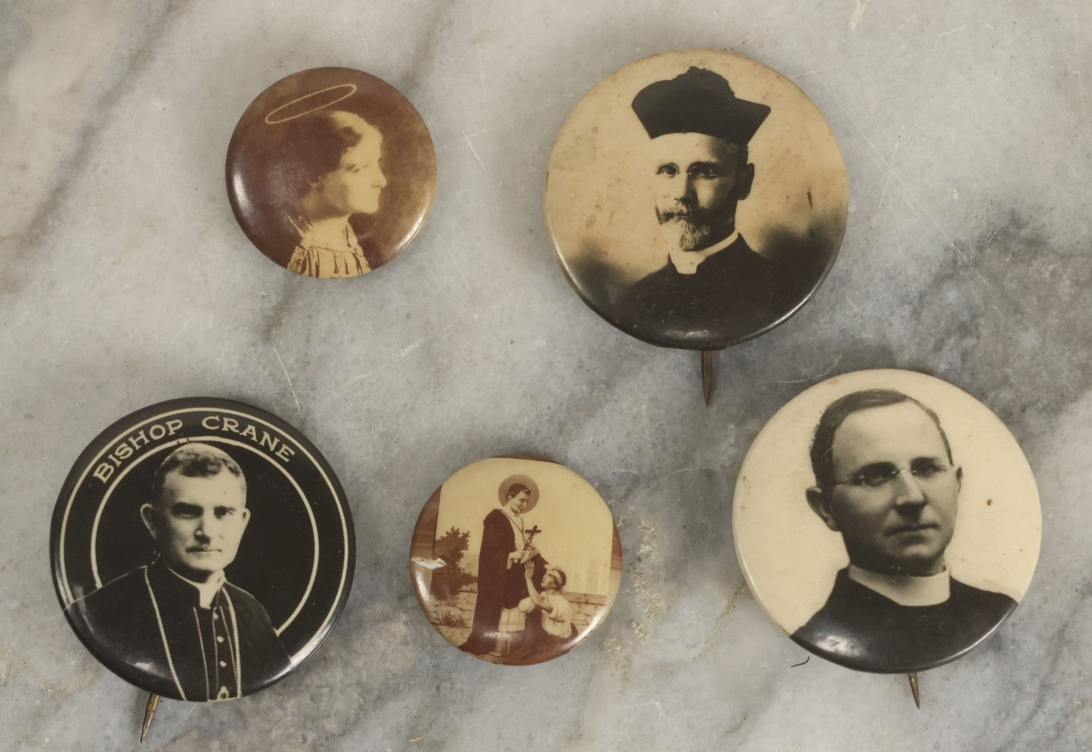 Lot 064 - Grouping Of Five Vintage Pinback Buttons With Priests, Religious Themes, Including Bishop Crane, And Others