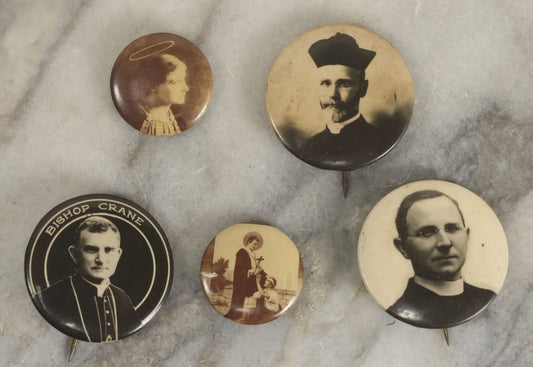 Lot 064 - Grouping Of Five Vintage Pinback Buttons With Priests, Religious Themes, Including Bishop Crane, And Others