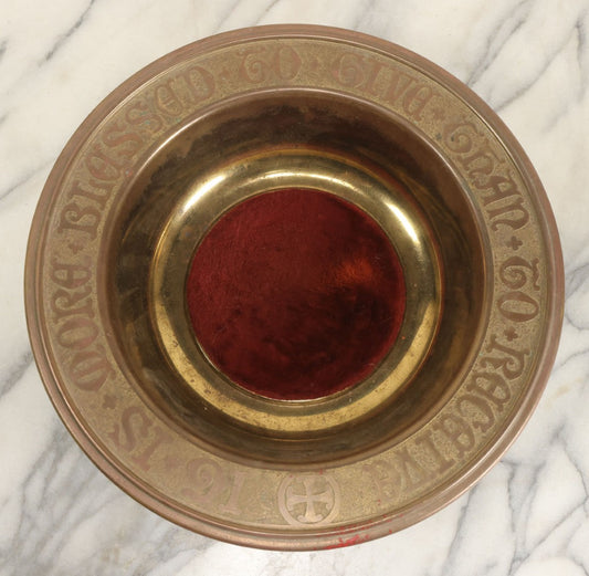 Lot 065 - Vintage Brass And Copper Church Donation Vesel, "It Is More Blessed To Give Than To Receive," With Velvet Padded Insert, By Gorham