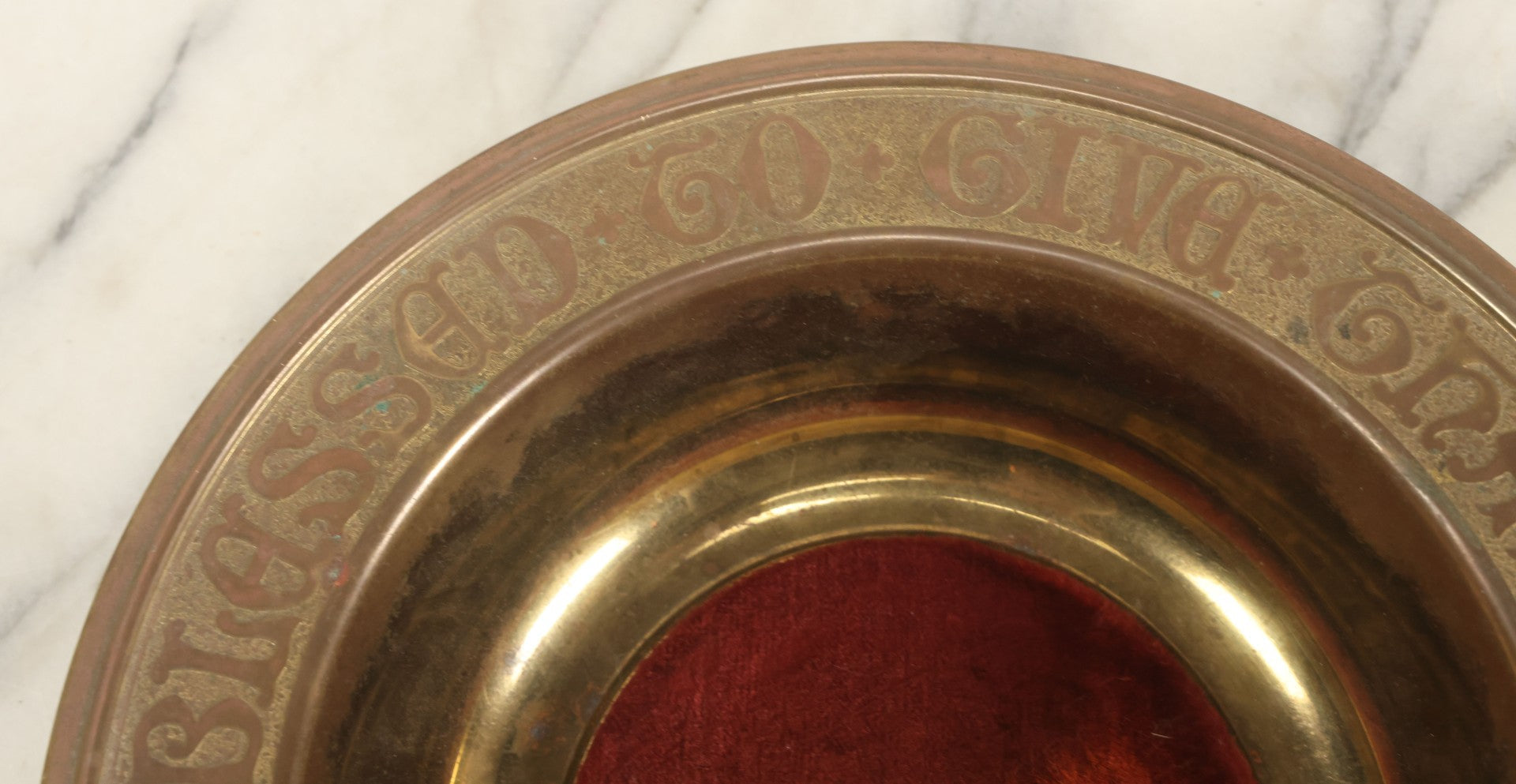 Lot 065 - Vintage Brass And Copper Church Donation Vesel, "It Is More Blessed To Give Than To Receive," With Velvet Padded Insert, By Gorham