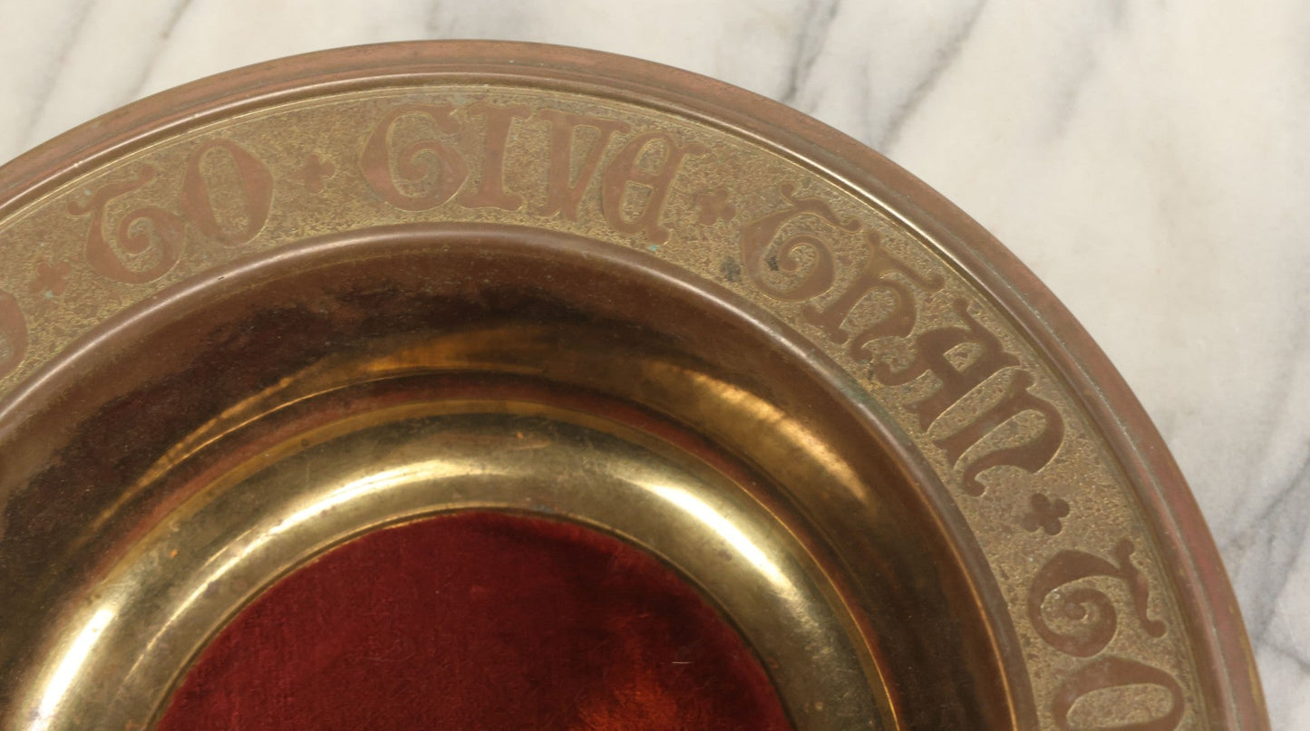 Lot 065 - Vintage Brass And Copper Church Donation Vesel, "It Is More Blessed To Give Than To Receive," With Velvet Padded Insert, By Gorham