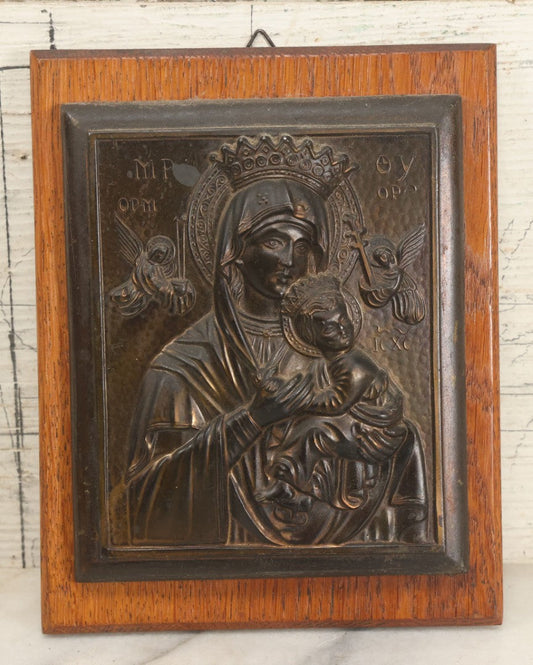 Lot 069 - Vintage "Our Lady Of Perpetual Succor" Virgin Mary Holding Baby Jesus Cast Metal Relief Plaque, Greek Icon Style, On Wood Panel