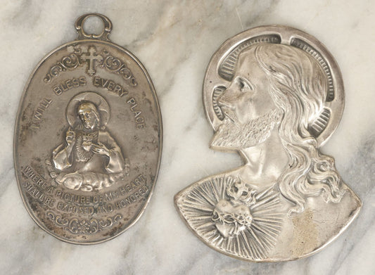 Lot 070 - Pair Of Vintage Pressed Metal Religious Plaques Including Jesus "I Will Bless Every Place" Home Blessing Plaque