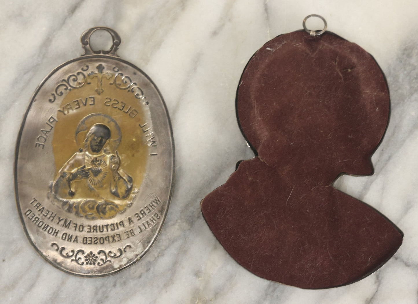 Lot 070 - Pair Of Vintage Pressed Metal Religious Plaques Including Jesus "I Will Bless Every Place" Home Blessing Plaque