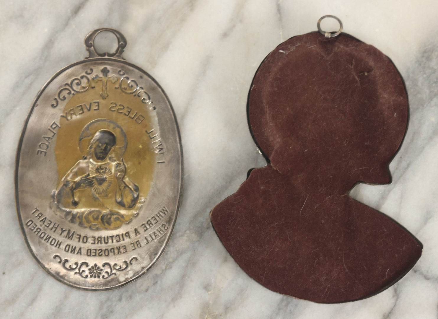 Lot 070 - Pair Of Vintage Pressed Metal Religious Plaques Including Jesus "I Will Bless Every Place" Home Blessing Plaque