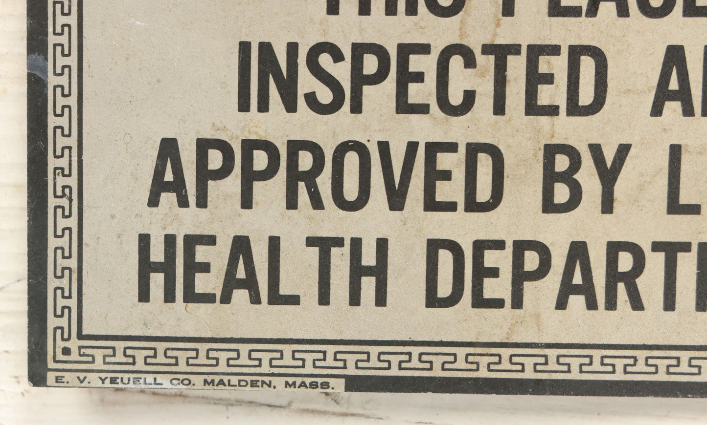 Lot 071 - Vintage Funeral Home Hanging Sign, "This Place Inspected And Approved By Local Health Department," With Chain, By E.V. Yeuell Co., Malden, Massachusetts