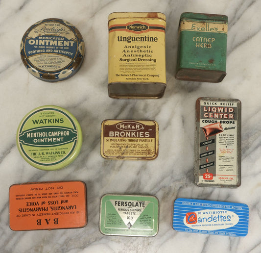 Lot 075 - Grouping Of Nine Pharmacy Tins (Larger Size) Including Unguentine Analgesic, Bab Tablets, And Watkins Menthol Ointment