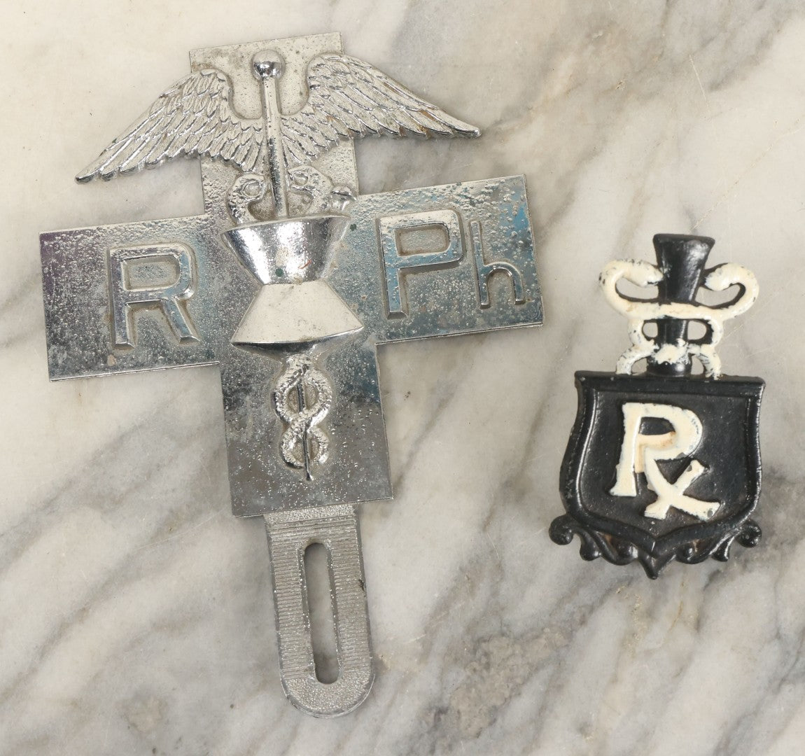 Lot 079 - Pair Of Vintage Cast Metal Pharmacists Medical Doctor License Plate Badges Including Chrome Badge And Black And White Painted Emblem