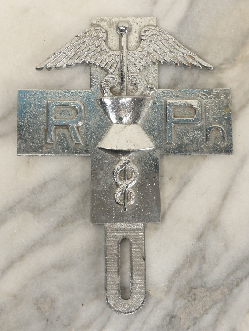 Lot 079 - Pair Of Vintage Cast Metal Pharmacists Medical Doctor License Plate Badges Including Chrome Badge And Black And White Painted Emblem