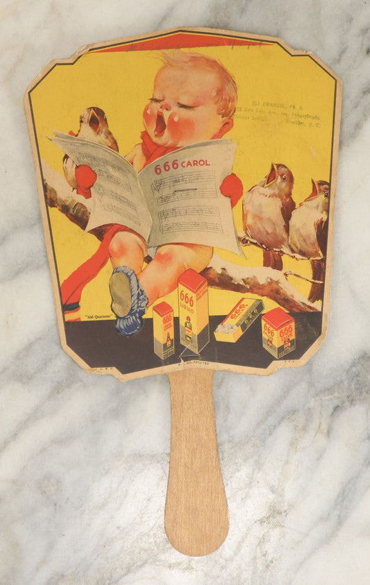 Lot 080 - Vintage 666 Laxative And Tonic Advertising Hand Fan, Compliments Of Eli Emanuel, Pharmacist, Brooklyn, New York