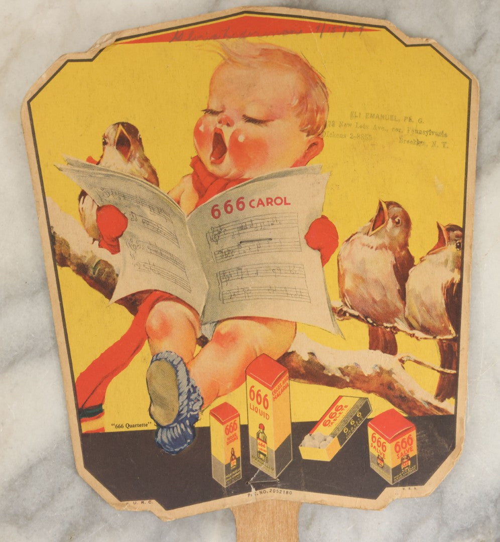 Lot 080 - Vintage 666 Laxative And Tonic Advertising Hand Fan, Compliments Of Eli Emanuel, Pharmacist, Brooklyn, New York
