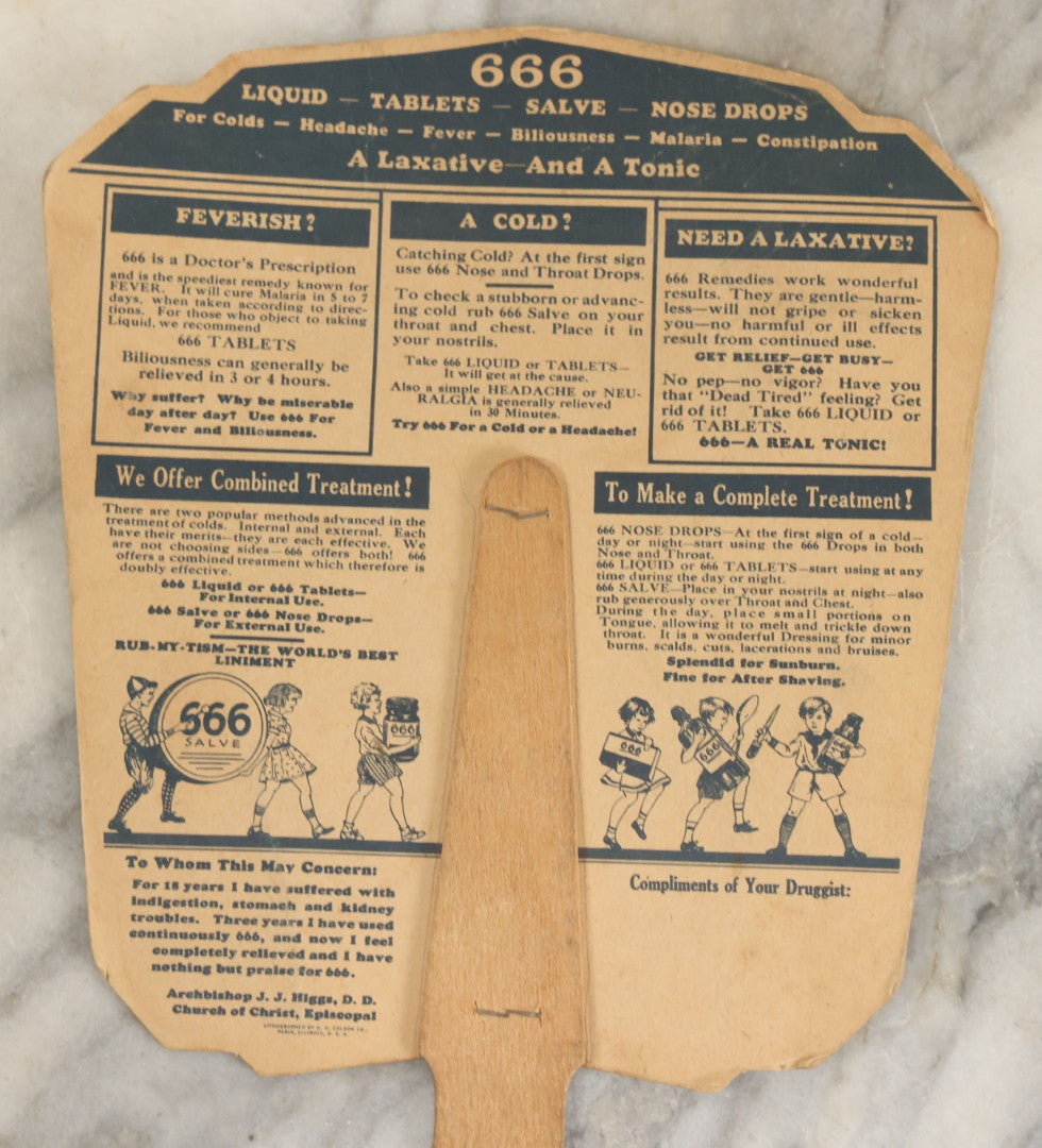 Lot 080 - Vintage 666 Laxative And Tonic Advertising Hand Fan, Compliments Of Eli Emanuel, Pharmacist, Brooklyn, New York