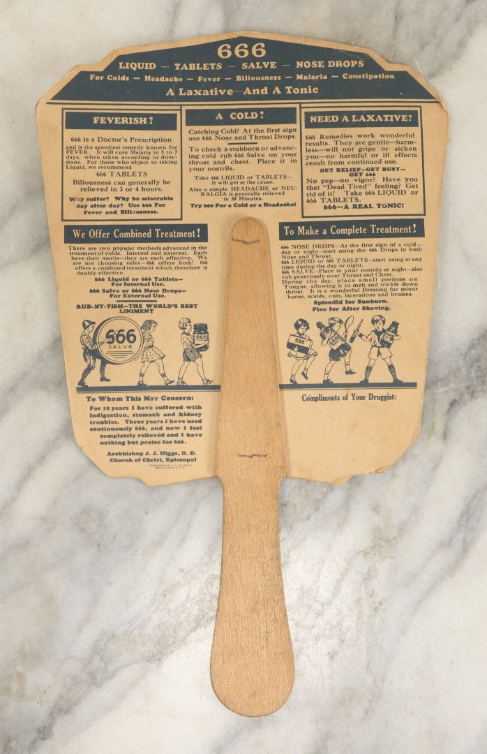 Lot 080 - Vintage 666 Laxative And Tonic Advertising Hand Fan, Compliments Of Eli Emanuel, Pharmacist, Brooklyn, New York
